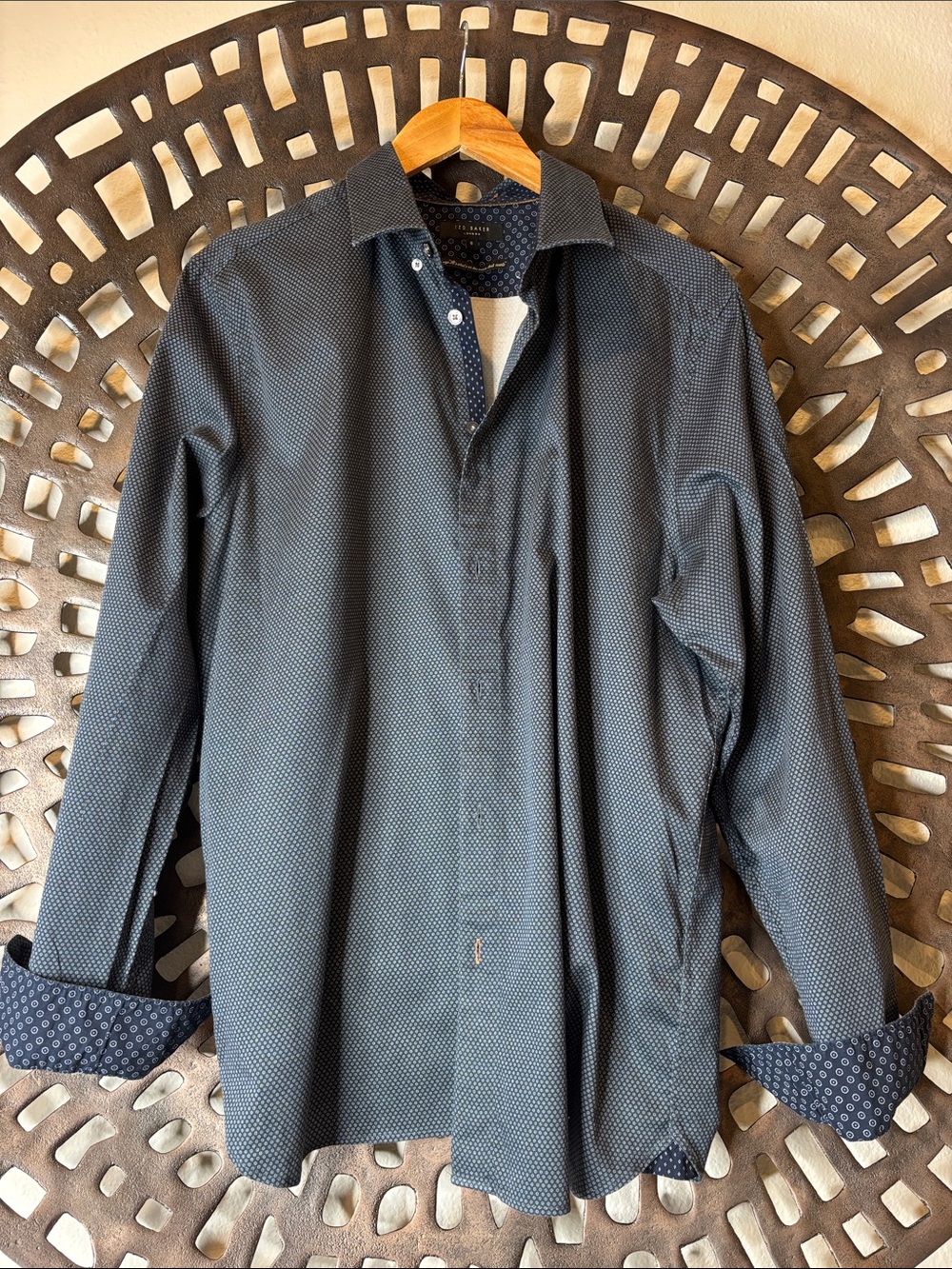 💙 Ted Baker Navy Micro Pattern Dress Shirt XXL Size 6 Cotton Stretch 💙